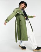 Bershka Back Detail Trench Coat In Khaki-green