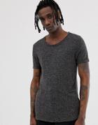 Asos Design Longline T-shirt With Scoop Neck And Curved Hem In Linen Mix - Black
