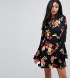 Kiss The Sky Tall Tea Dress In Floral With Tie Neck Detail - Black