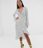 Pretty Lavish Midi Wrap Frill Dress In Polka Dot - White