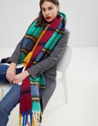 Asos Design Woven Fluffy Block Check Scarf With Tassels-multi