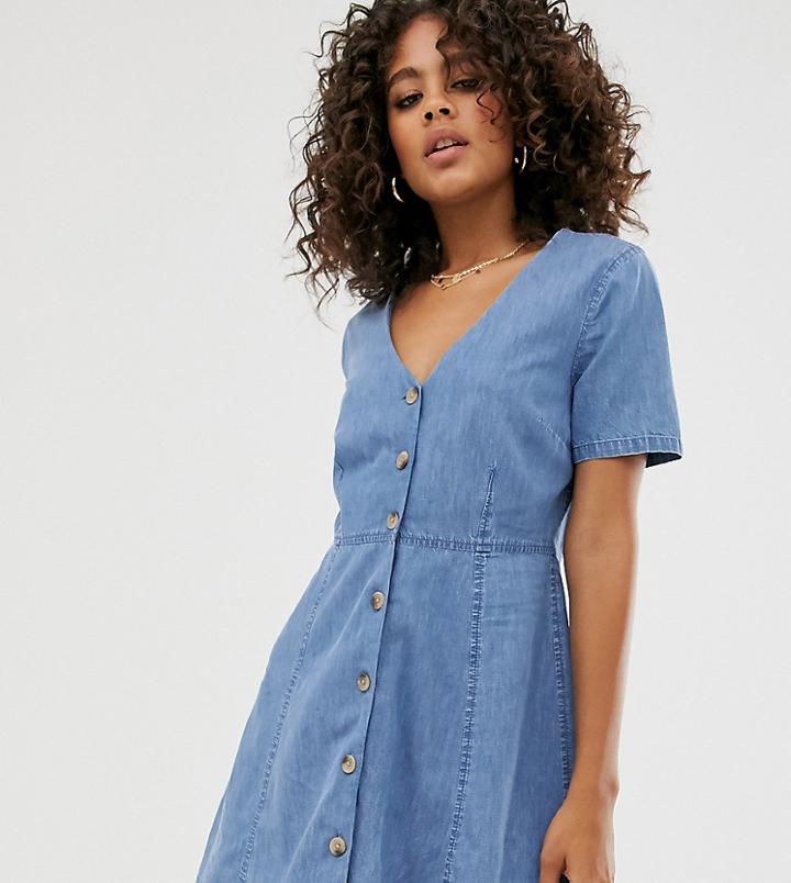 Asos Design Tall Denim Tea Dress With Mock Horn Buttons In Blue