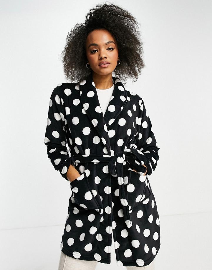Brave Soul Dotty Fleece Dressing Gown In Black And White