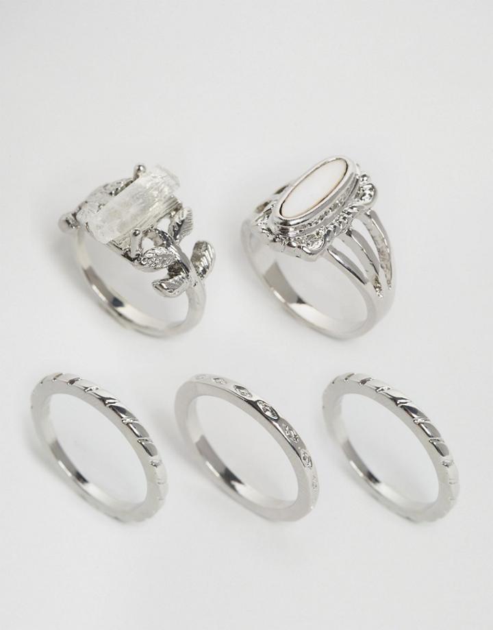Asos Pack Of 5 Summer Time Stone Rings - Rhodium