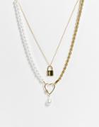 Pieces Pearl And Chain Heart Padlock Necklace In Gold
