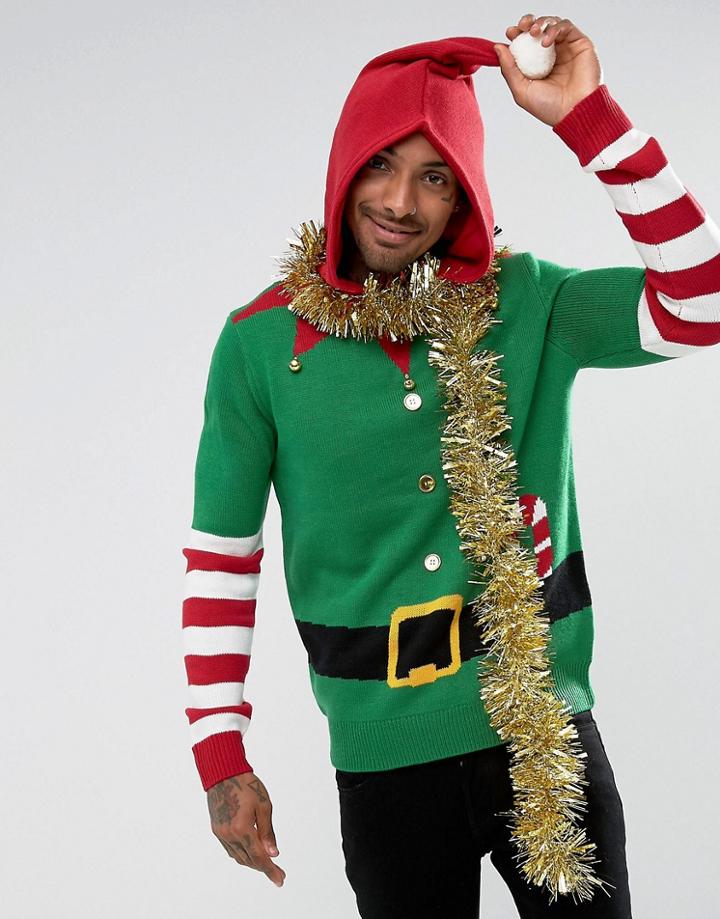 Threadbare Hooded Elf Sweater With Bells-green