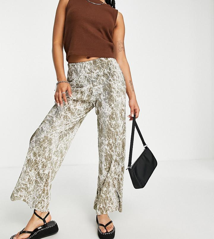 Topshop Petite Marble Straight Leg Plisse Pants In Stone-neutral