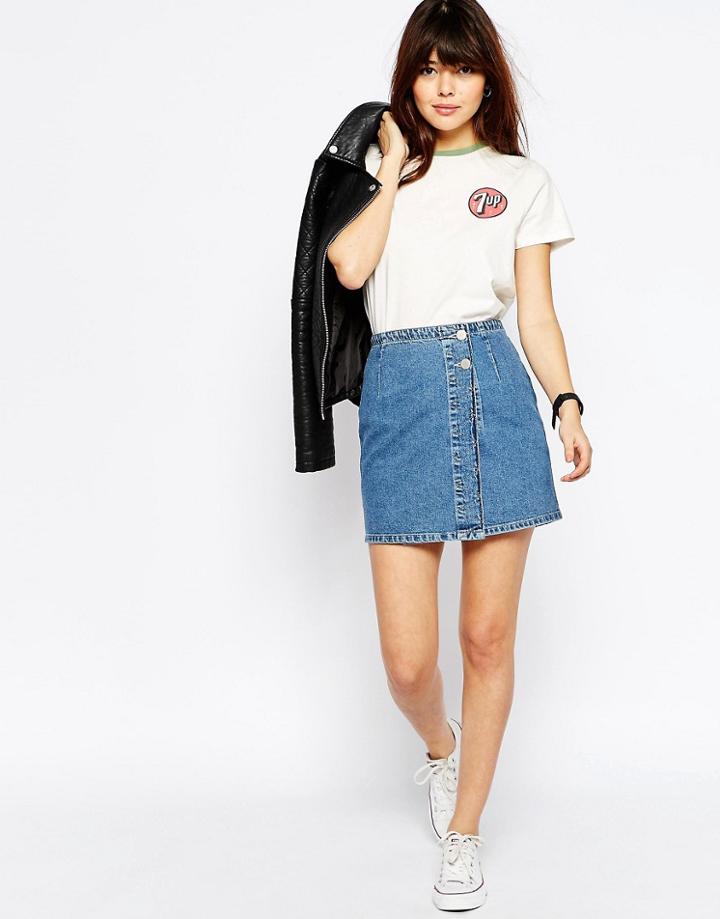 Asos Denim Pelmet Mini Skirt With Wrap Front In Stone Wash - Blue