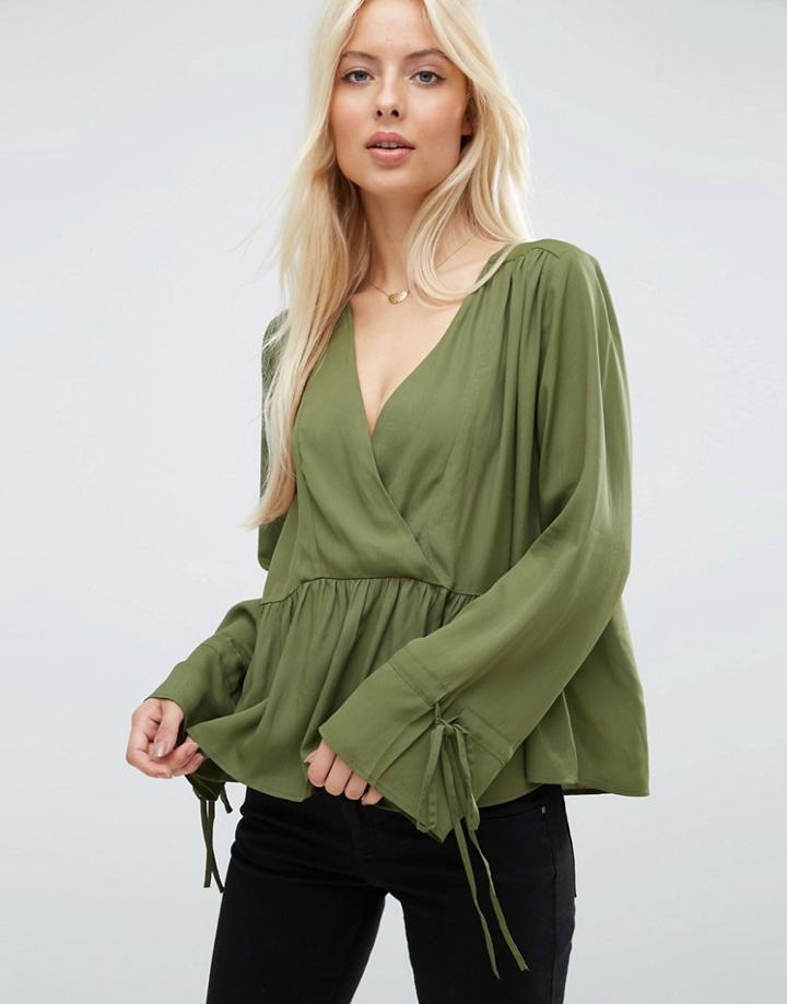 Asos Oversized Wrap Blouse With Dip Hem - Green