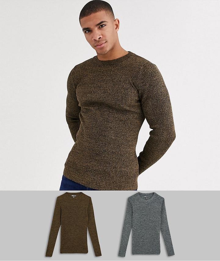 Asos Design Muscle Fit Ribbed Crew Neck Sweater In Khaki Twist/ Black & White Twist-multi