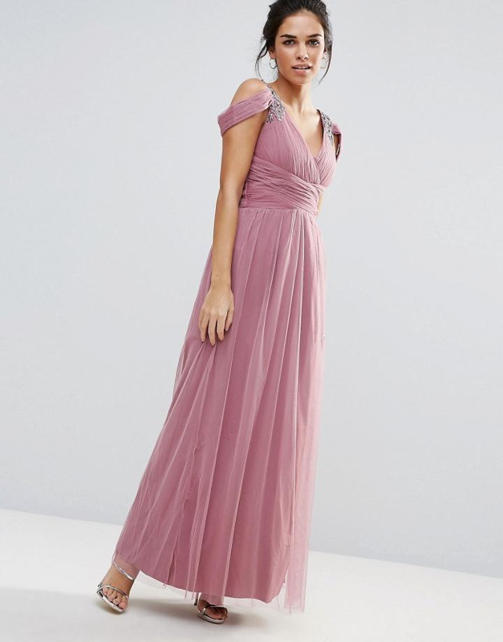Little Mistress Embellished Drape Shoulder Maxi Dress - Pink
