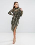 Asos Premium Ruffle Front Column Dress In Snake Print - Multi