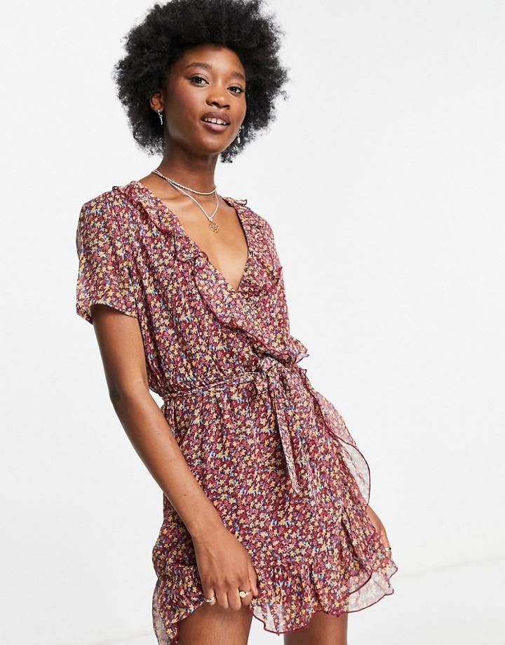 Jdy Chiffon Mini Wrap Dress In Burgundy Floral-multi