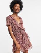 Jdy Chiffon Mini Wrap Dress In Burgundy Floral-multi