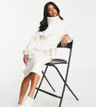 Asos Design Petite Knit Roll Neck Midi Dress With Tie Waist In Cream-white