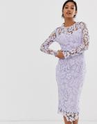 Ax Paris Lilac Corded Lace Midi Dress With Sheer Top