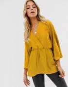 Asos Design Satin Plunge Top With Kimono Sleeve And Tie Waist - Gold