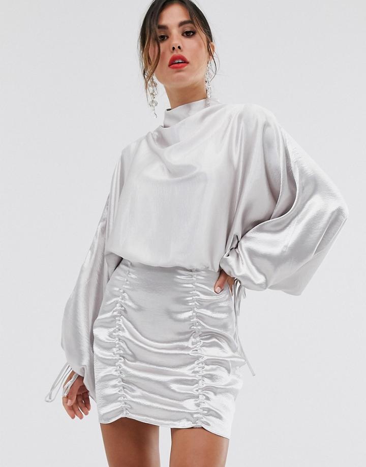 Asos Design Satin Mini Dress With Ruched Skirt And Blouson Top - Silver