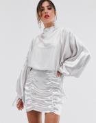 Asos Design Satin Mini Dress With Ruched Skirt And Blouson Top - Silver