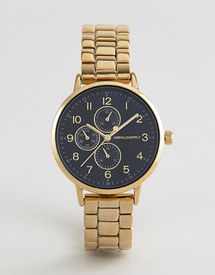 Asos Design Skinny Bracelet Watch With Sub Dials In Gold Tone