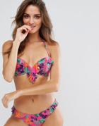 New Look Tropical Frill Plunge Bikini Top - Pink