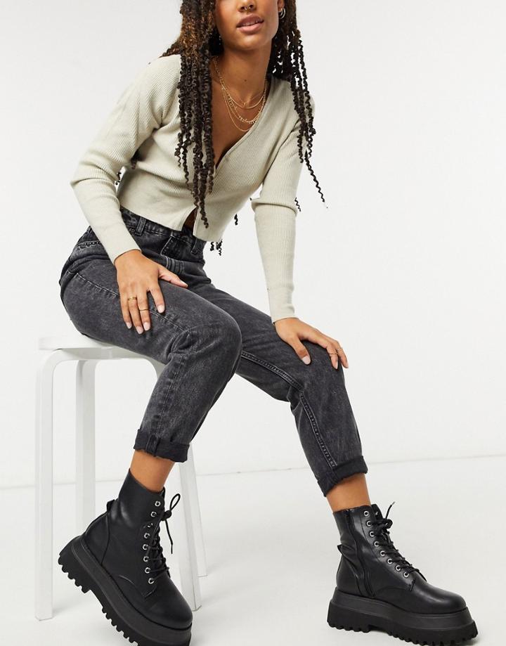 Bershka Cotton Mom Jeans In Washed Black - Black