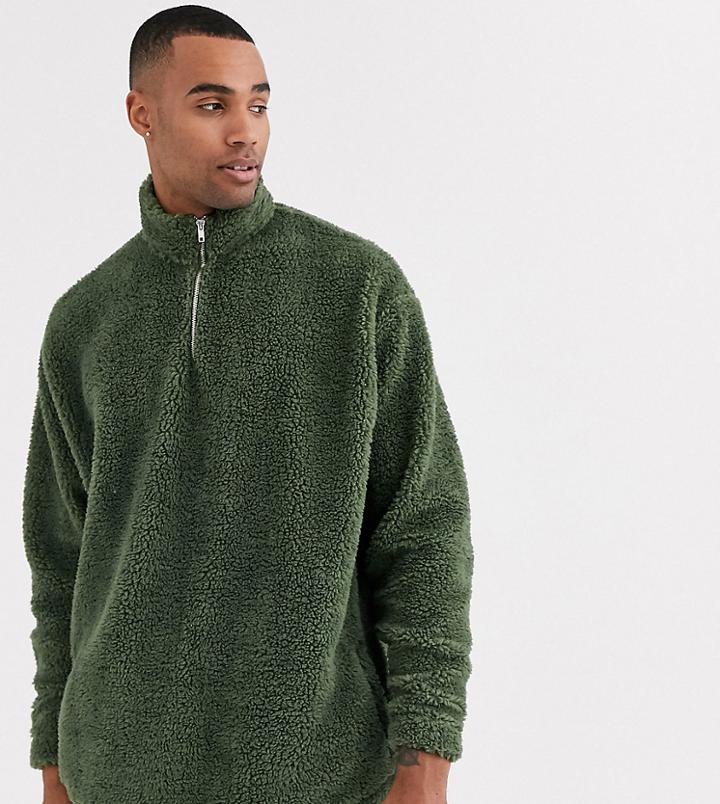 Asos Design Tall Oversized Borg Half Zip Sweatshirt In Khaki-green