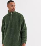 Asos Design Tall Oversized Borg Half Zip Sweatshirt In Khaki-green