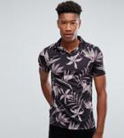 Asos Tall Polo Shirt With Revere Collar In Floral Print - Black
