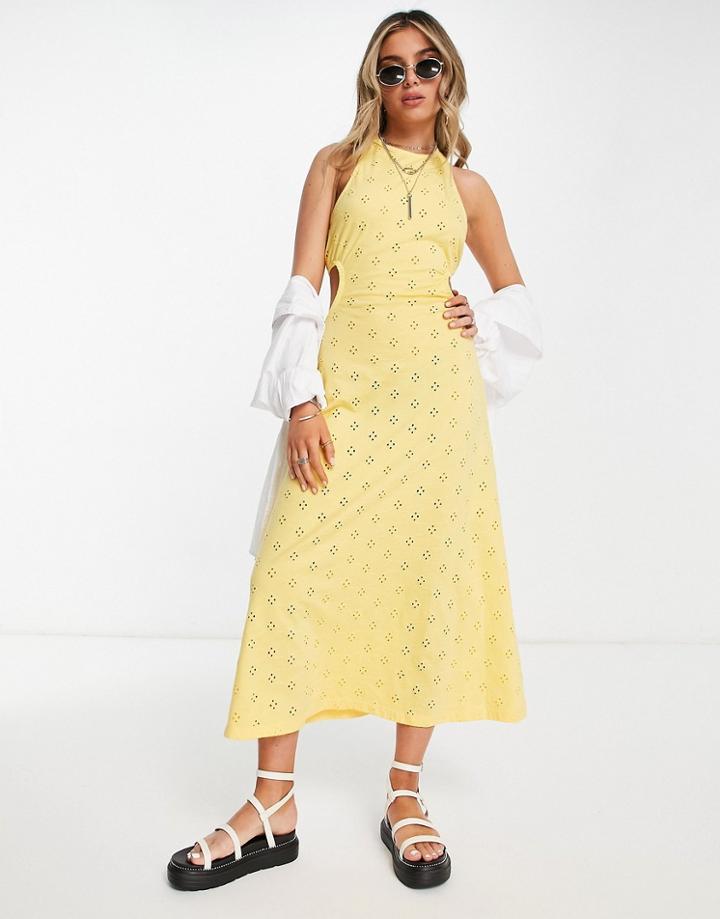 Asos Design Eyelet Open Back Dress High Neck In Yellow