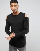 Asos Longline Muscle Long Sleeve T-shirt In Rib With Sleeve Cut Out - Black