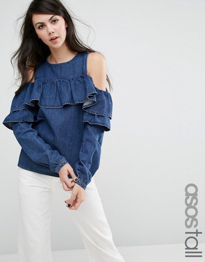 Asos Tall Ruffle Front Cold Shoulder Top In Blue - Blue