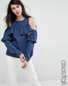 Asos Tall Ruffle Front Cold Shoulder Top In Blue - Blue