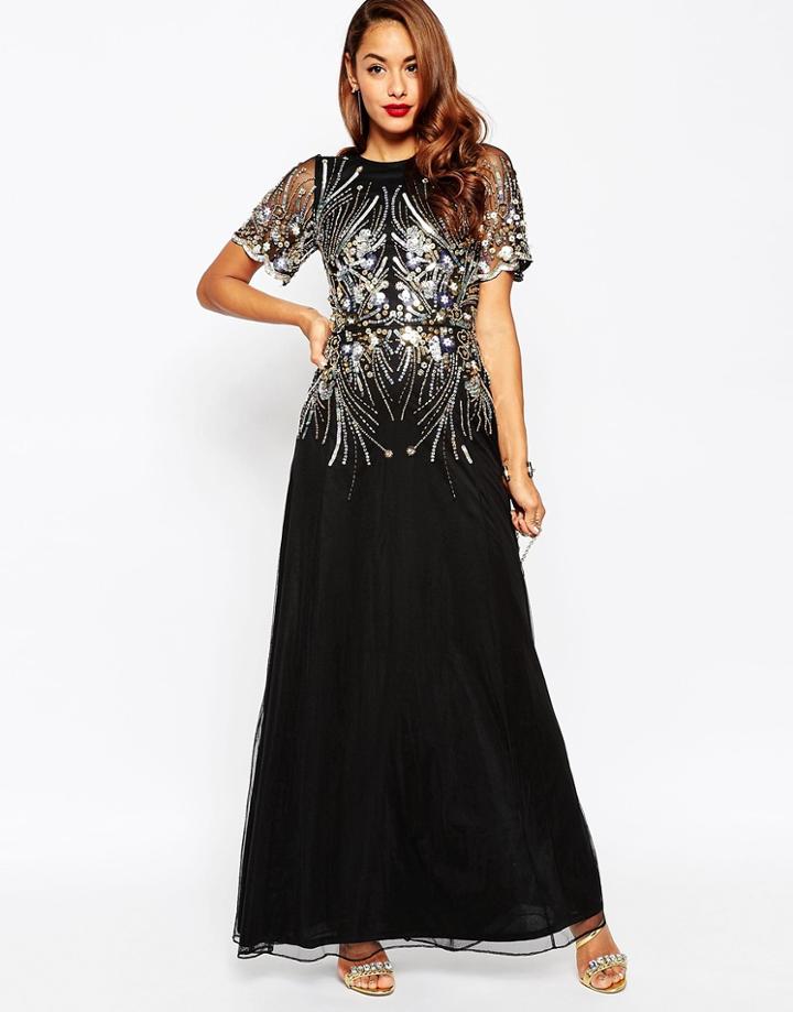 Asos Red Carpet Gold And Black Sparkle Mesh Maxi Dress - Black