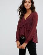 Asos Swing Blouse With V-neck And Ruffle Detail In Dobby - Pink