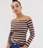 Missguided Bardot Long Sleeve Top In Brown Stripe - Brown