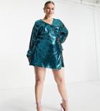 In The Style Plus Exclusive Sequin Long Sleeve Wrap Mini Dress In Mermaid Blue