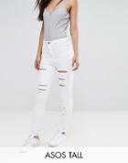 Asos Tall Ridley High Waist Skinny Jeans In Optic White With Shredded Rips - White