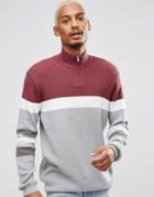 Asos Ribbed Half Zip Sweater In Burgundy And Charcoal - Red