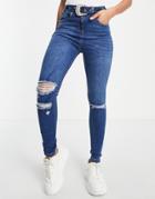 Parisian Belted Skinny Jeans In Mid Blue-blues