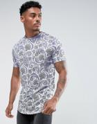 Devote Paisley Print T-shirt With Curved Hem - White