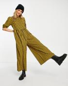 Asos Design Short Sleeve Smock Jumpsuit In Mustard Check-multi