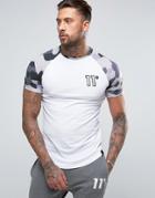 11 Degrees Raglan T-shirt In White With Geo Camo Print - White