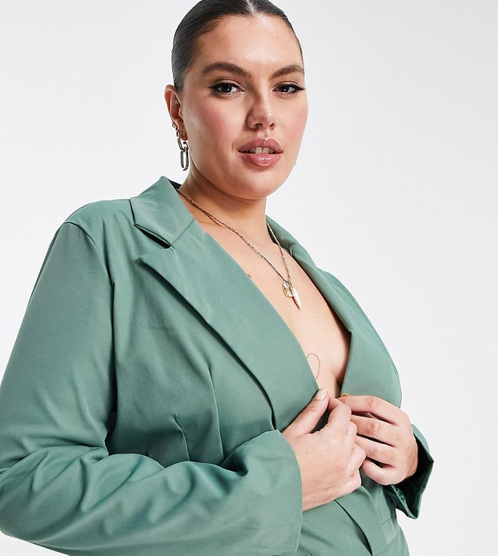 I Saw It First Plus Cropped Blazer In Teal - Part Of A Set-green