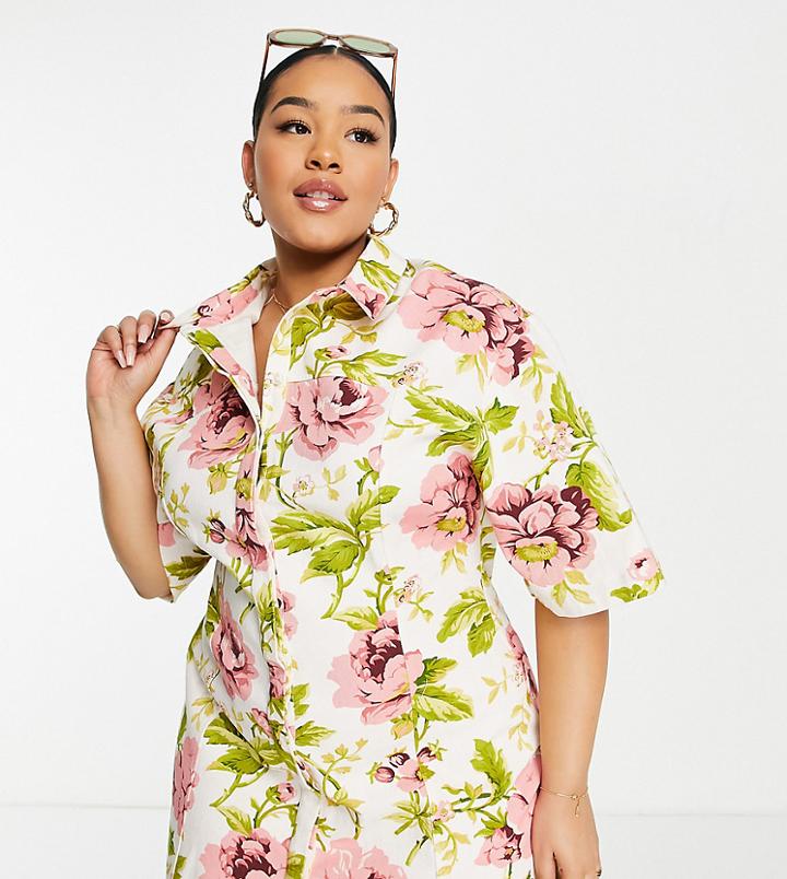 Asos Design Curve Twill Mini Shirt Dress In White Base Pink Floral Print-multi
