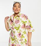 Asos Design Curve Twill Mini Shirt Dress In White Base Pink Floral Print-multi