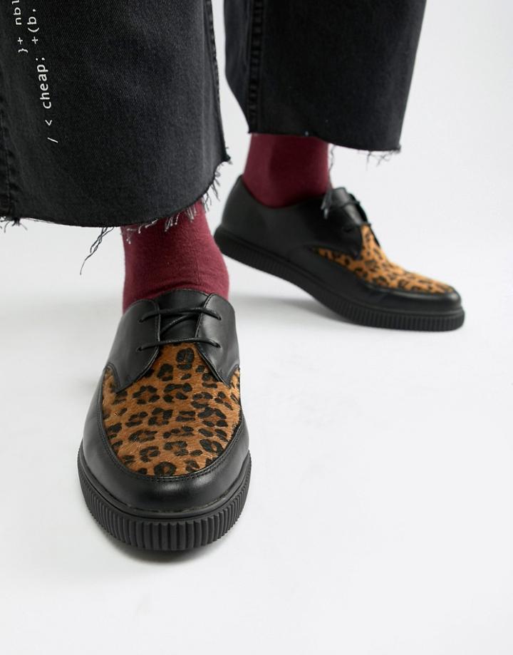 Asos Design Lace Up Shoes In Black Faux Leather With Leopard Panel And Creeper Sole - Black