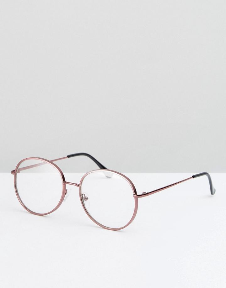 Asos Geeky Metal Round Clear Lens Glasses In Pink - Brown