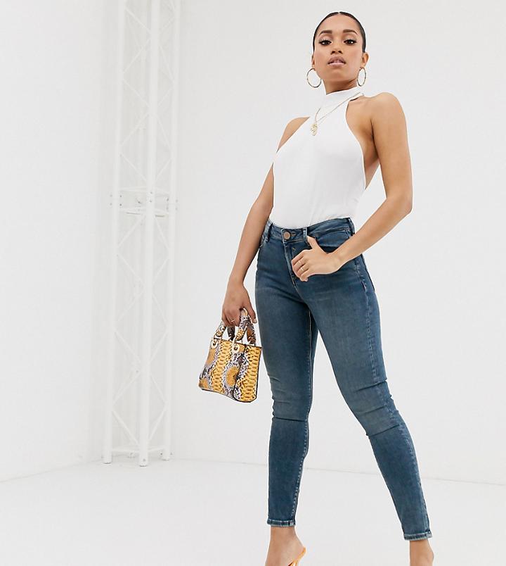 Asos Design Petite Ridley High Waisted Skinny Jeans In Extreme Dark Stonewash Blue