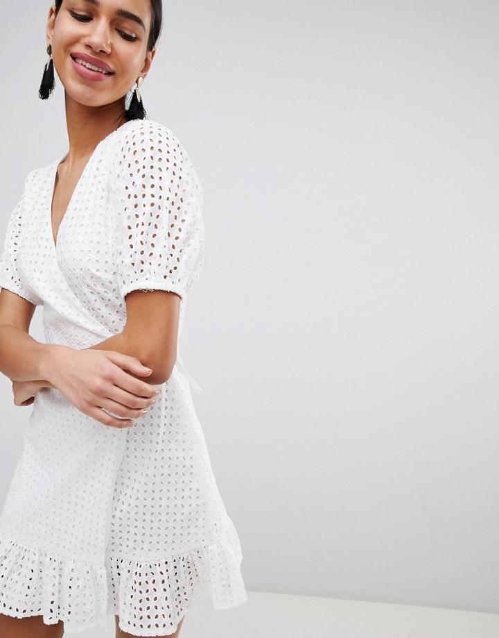 Fashion Union Wrap Dress In Broderie - White